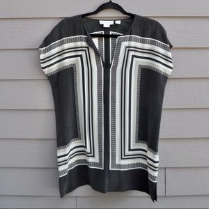 Cynthia Rowley 100% Silk Tunic Top Small Black Cream Geometric Print
